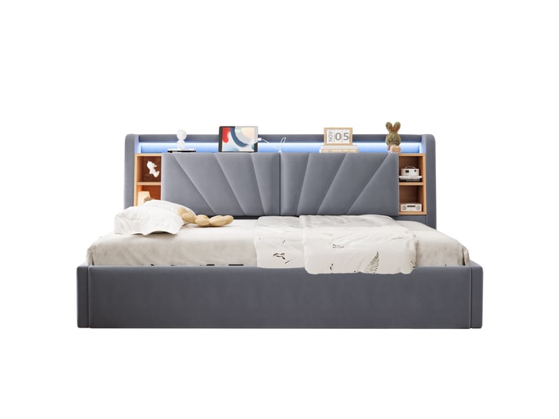  Lit simple 90x200 cm avec rangement hydraulique, tête de lit avec led, usb et étagères, lit rembourré en velours avec coffre de rangement - gris  - Conforama A