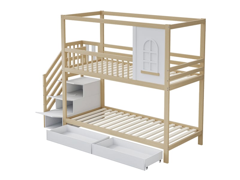  Lit superposé enfant 90x200 cm – bois clair et blanc – escalier de rangement, 2 tiroirs - sans matelas  - Conforama D