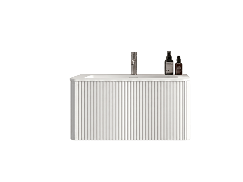  Meuble vasque suspendu 80 cm avec vasque en surface solide - 2 tiroirs push open façade rainurée  - Conforama E