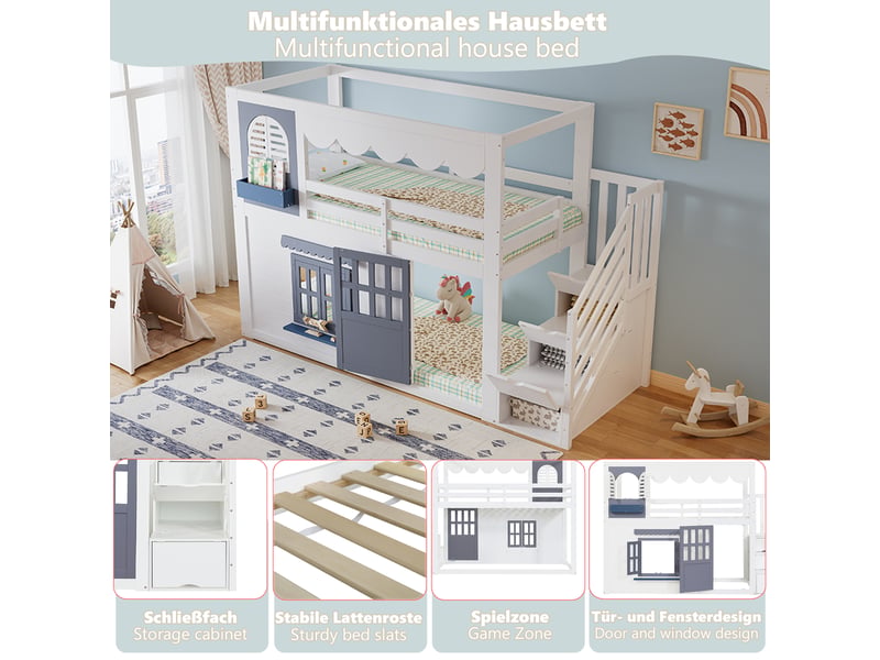 Lit mezzanine enfant 90x200 cm, cabane avec porte et fenêtres, escalier rangement et barrières - Conforama D
