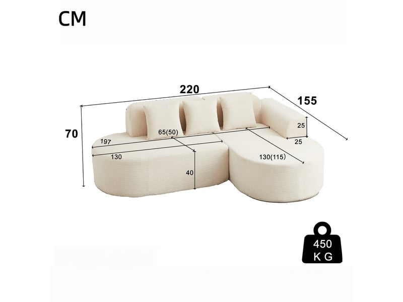  Canapé d’angle en l en velours côtelé doux – dossier galbé et 3 coussins inclus, 70×220×155 cm, beige  - Conforama C
