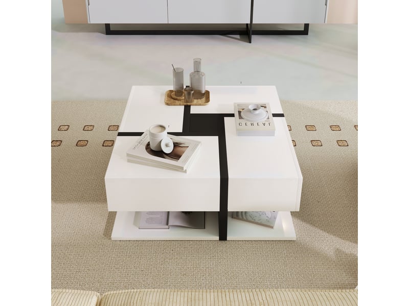  Table basse carrée avec 4 tiroirs et étagère ouverte, finition brillante, pour salon, en panneaux de particules, 78 x 78 x 36 cm  - Conforama B