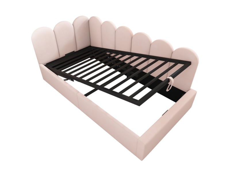  Lit coffre enfant 90x190 cm, lit simple, rangement, sommier à lattes métalliques, en velours, rose, sans fond, sans matelas  - Conforama E