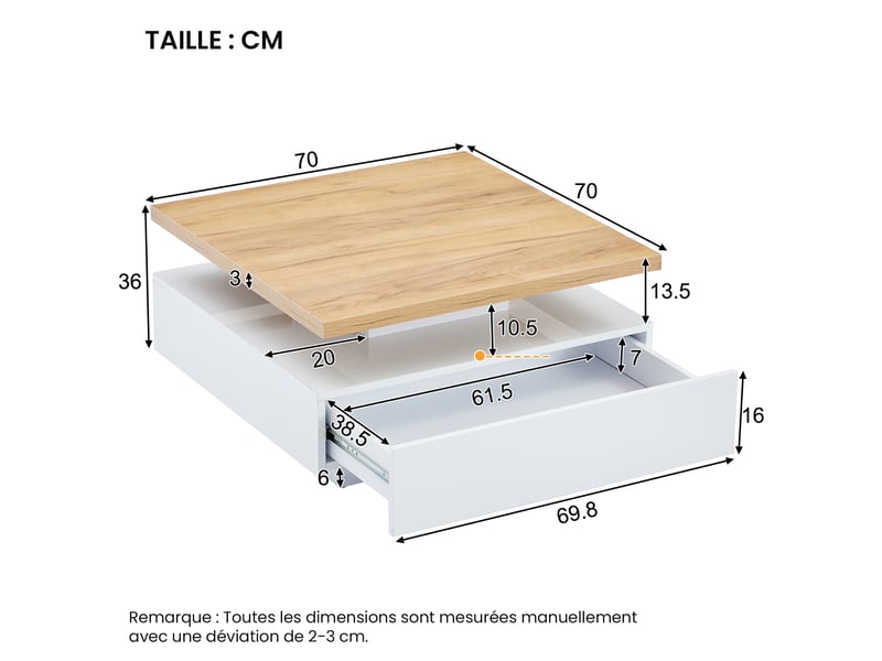  Table basse carrée pivotante avec 1 tiroir et espace ouvert, 360° rotation, en panneaux de particules, 70 × 70 × 36 cm - uvrion  - Conforama E