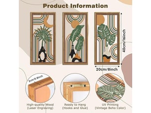 Ensemble de 3 tableaux abstraits bohèmes – décoration murale – décoration murale en bois (20 x 40 cm, environ 0,5 cm d'épaisseur)