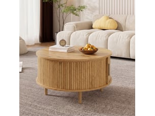 Table basse ronde relevable avec rangement et porte coulissante pour salon en mdf couleur chêne