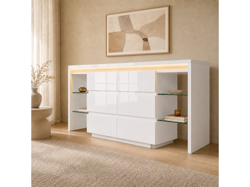  Buffet bas 155x40x80 cm avec led multicolore via appli, 6 tiroirs, 4 étagères en verre, finition blanc brillant, meuble de rangement salon  - Conforama B