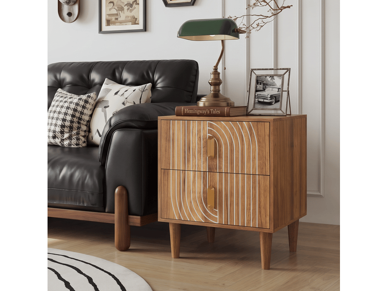  Table de chevet modenvie marron noyer avec 2 tiroirs, pieds en bois et finition mélaminée 48 x 38 x 56 cm  - Conforama E