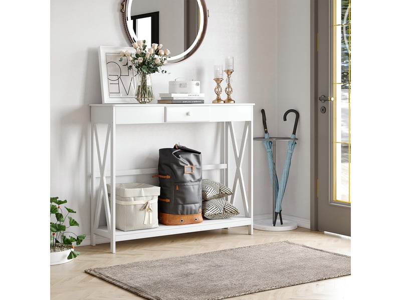  Console en bois, table d'entrée avec 1 tiroir et 1 étagère de rangement pour couloir ou salon, 100 x 30 x 81 cm, blanche  - Conforama C