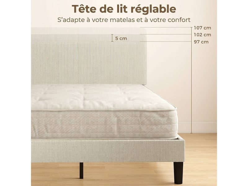  Cadre de lit 140 x 190 cm avec sommier, tête réglable, lit double rembourré en velours côtelé, sans bruit, gris clair  - Conforama D