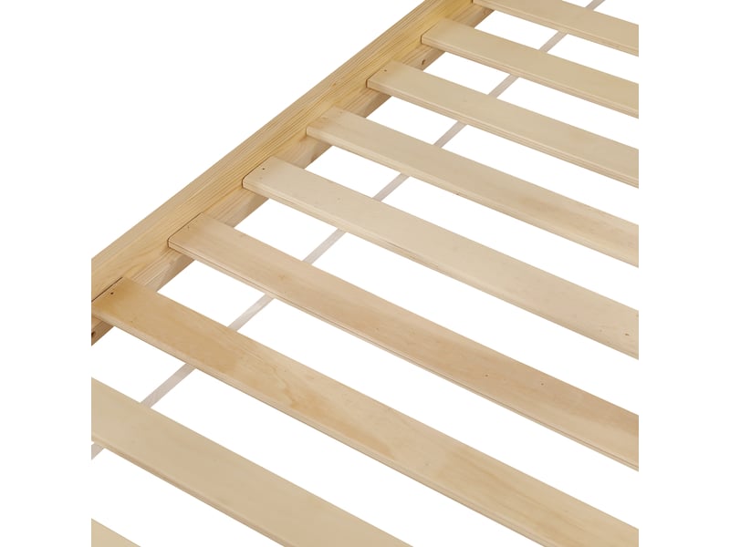 Lit superposé maison naturel 90x200 cm en pin et mdf, 2 fenêtres, escalier à 3 marches, garde-corps et sommier à lattes - Conforama E
