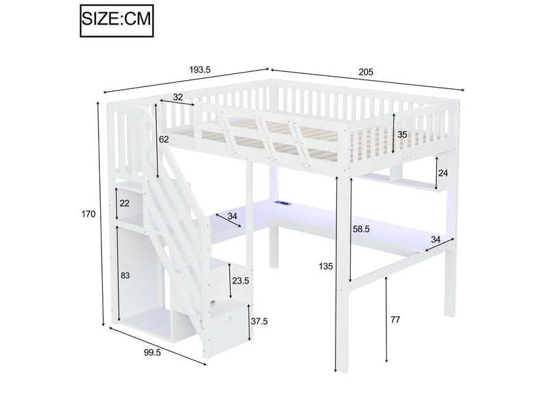  Lit mezzanine 140x200 cm avec escalier de rangement, bureau, usb et led blanc  - Conforama C