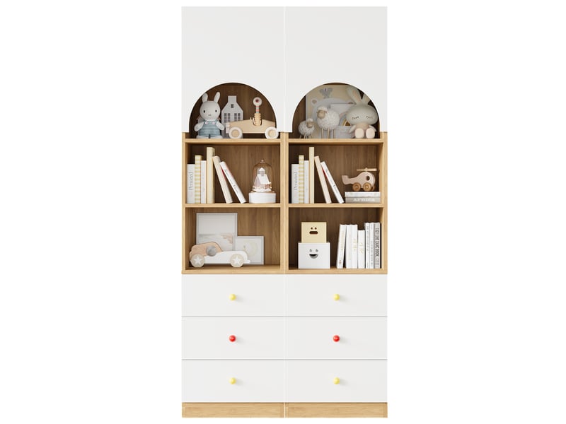  Bibliothèques enfant 2 pièces 100x50x200 cm – blanc et aspect bois – 6 tiroirs et rangement vertical  - Conforama A