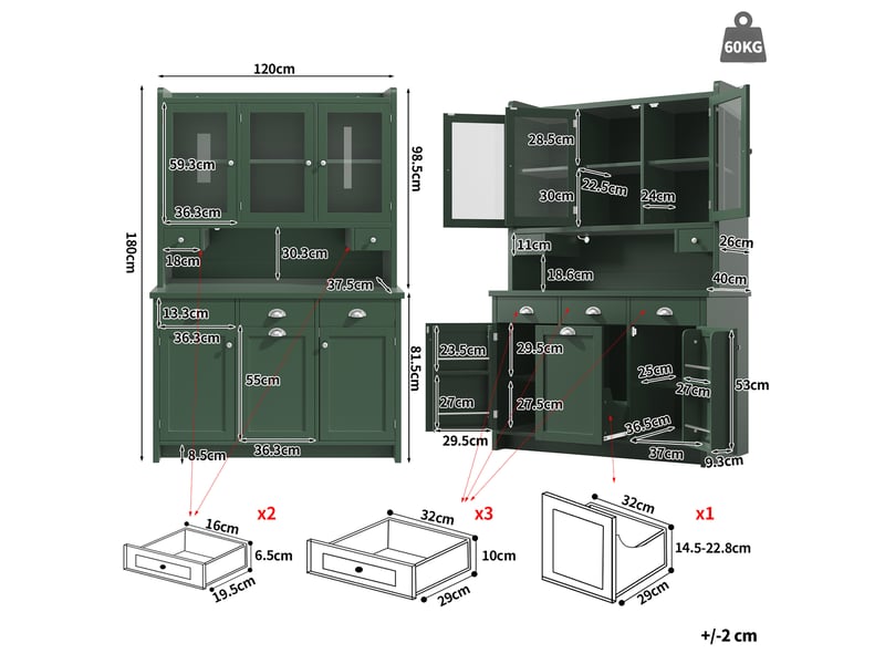 Meuble de cuisine 120 x 40 x 180 cm avec éclairage led, 3 portes vitrées, grand espace de rangement, vert evarich - Conforama C