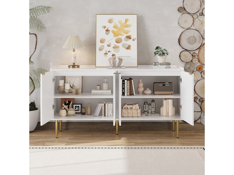  Buffet moderne minimaliste, 4 portes, pieds métalliques, meuble de rangement pour chambre et couloir, buffet de salon, blanc  - Conforama D