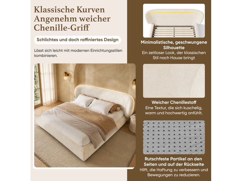  Lit rembourré 160 × 200 cm 2 places avec tête de lit, coins arrondis, sans matelas, en chenille beige  - Conforama E