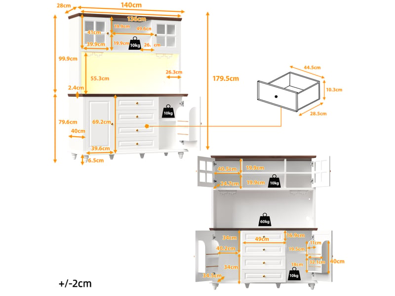Buffet de cuisine haut avec étagères à led, 4 tiroirs et porte-verres pour cuisine, blanc, 140 × 40 × 179,5 cm - Conforama E