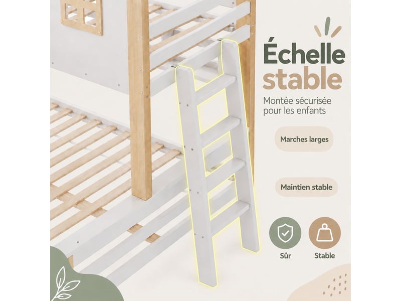 Lit superposé enfant 90x200140x200 - lit cabane enfant avec escalier et barrières - lit superposé 2 places - blanc et naturel - Conforama E
