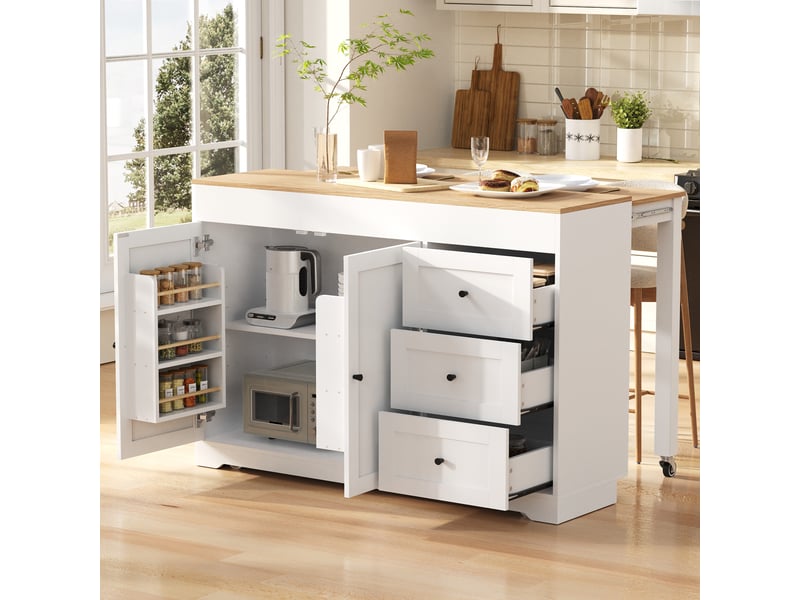  Îlot de cuisine blanc sur roulettes muvano avec plan de travail effet bois, 3 tiroirs et 2 portes  - Conforama B