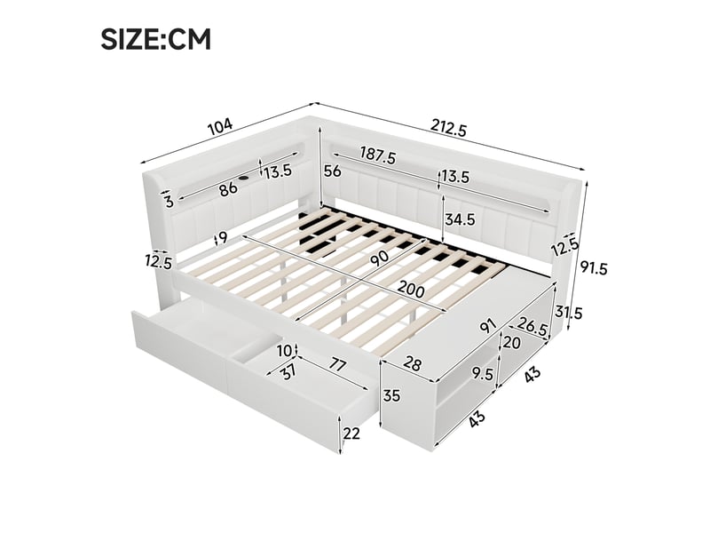  Modenvie lit banquette 90x200 cm - avec led, ports usb et 2 tiroirs - avec meuble à chaussures - blanc  - Conforama C