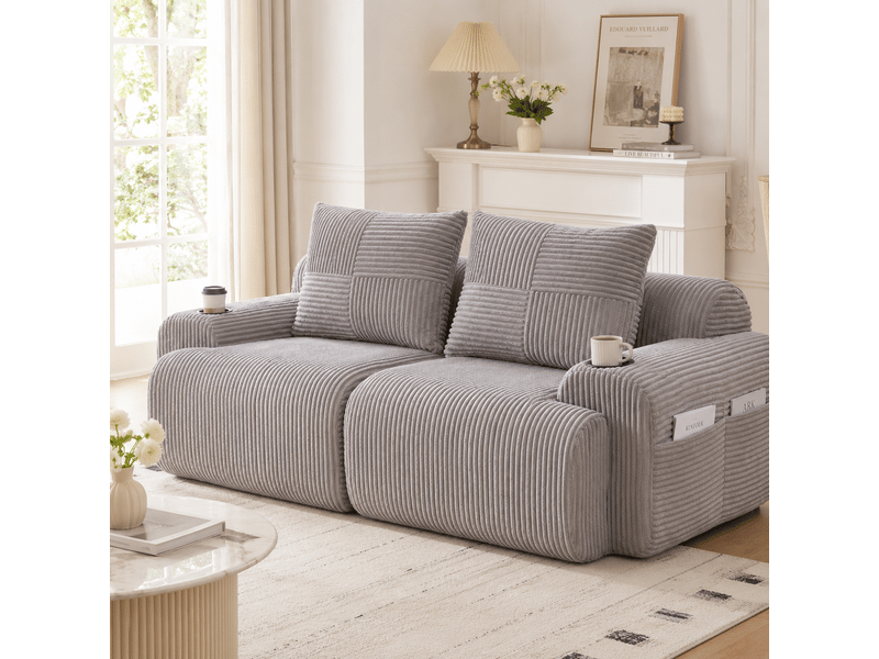 Canapé modulable, canapé de salon; gris clair, porte-gobelets, en velours tricoté - Conforama D