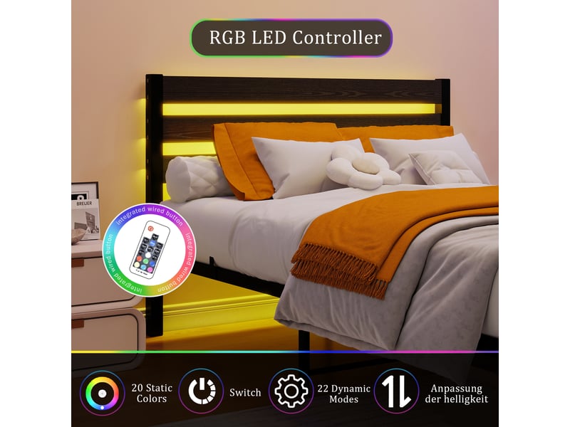  Lit double 140x200 cm, cadre de lit, led, port usb, tête de lit avec rangement, bois et métal noir  - Conforama R