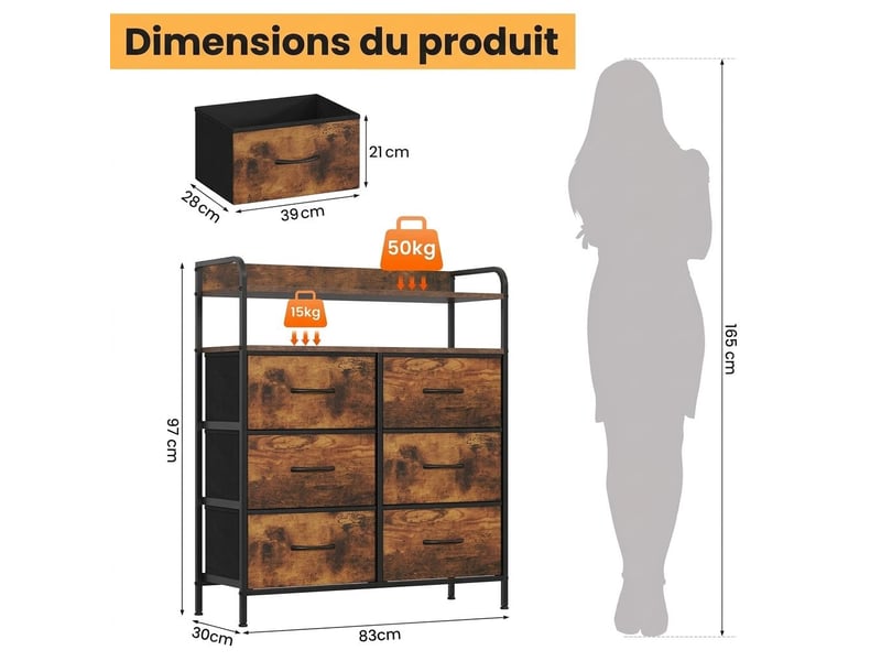 Chiffonnier six tiroirs tissu avec niche ouverte chambre adulte marron rustique  - Conforama C