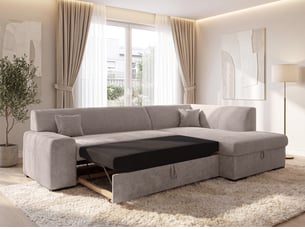 Canapé d'angle droit convertible <strong>AX LIVING </strong> <strong>Lucera</strong> 4 places Velours côtelé beige avec coffre de rangement