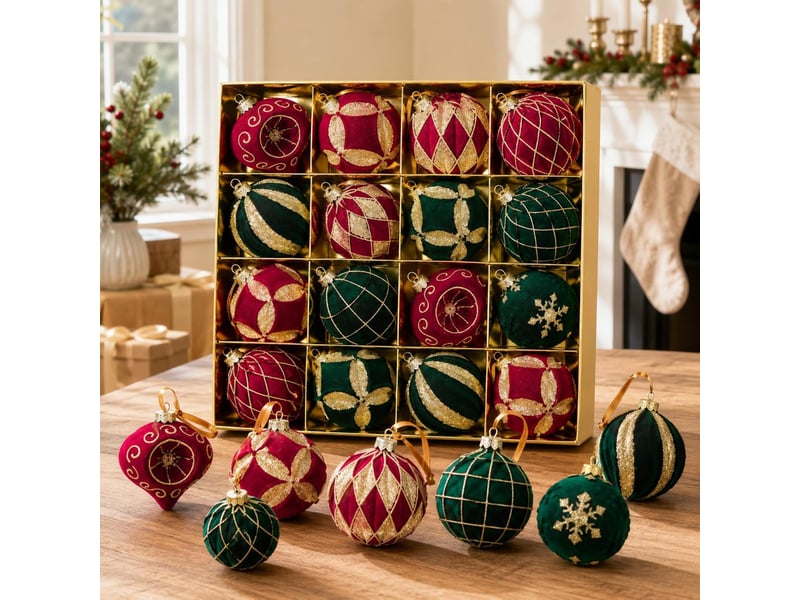  Lot de 16 boules de noël 8 cm, décorations suspendues pour sapin de noël, ornements de fête pour maison, vin et vert foncé  - Conforama B
