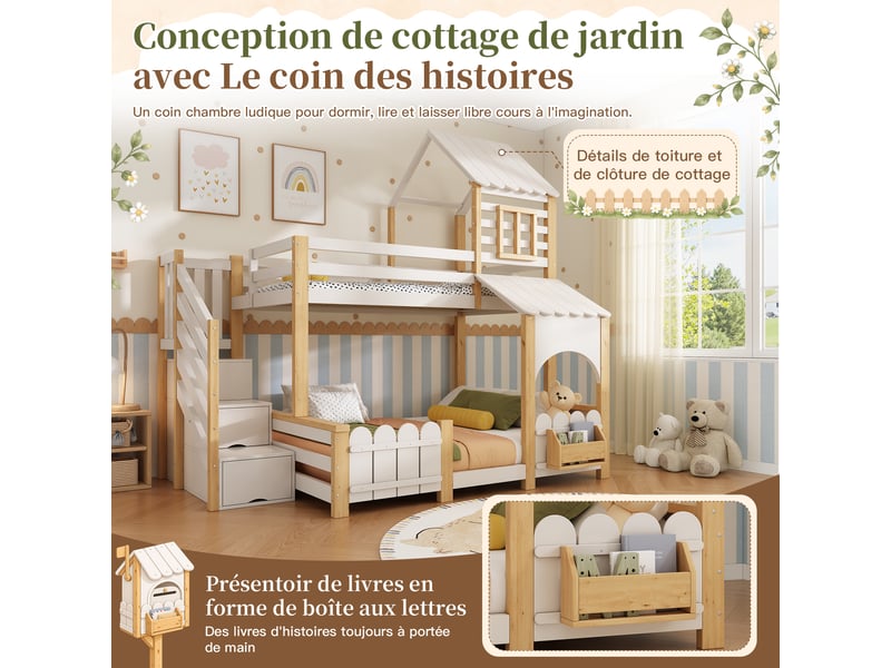  Lit superposé enfant 90x200+140x200 cm - échelle de rangement - avec baldaquin et protection antichute - blanc et naturel (sans matelas)  - Conforama E