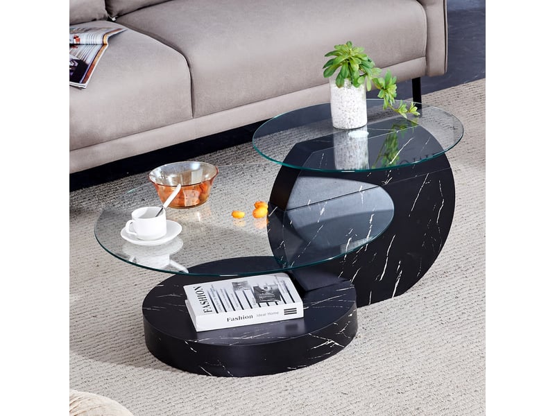  Table basse - 90x51x44cm - en verre trempé &amp; mdf - table de salon multiniveau effet marbre noir - noir veiné  - Conforama C