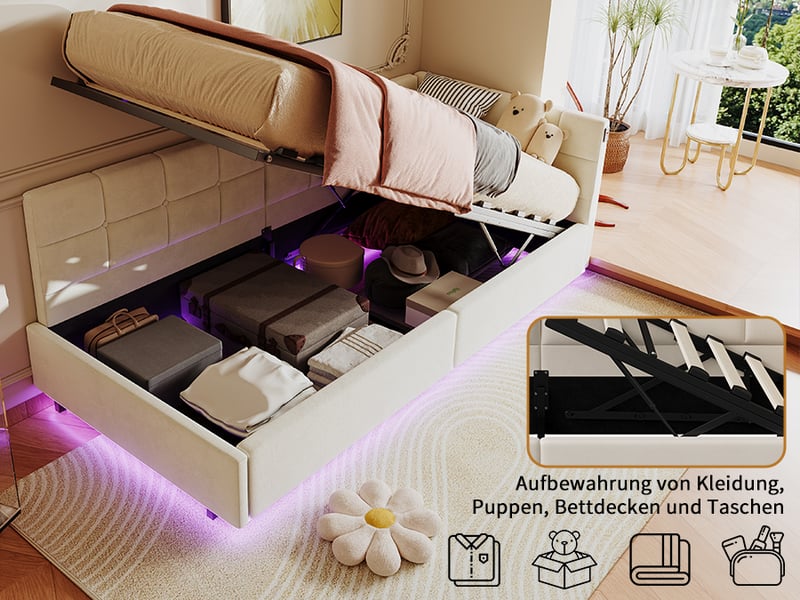 Lit banquette 90x200 cm avec led rgb et usb chargeur, lit jeune avec rangement et tête de lit rembourrée lit simple pour ado avec cadre de lit à lattes beige velours, sans matelas - Conforama R