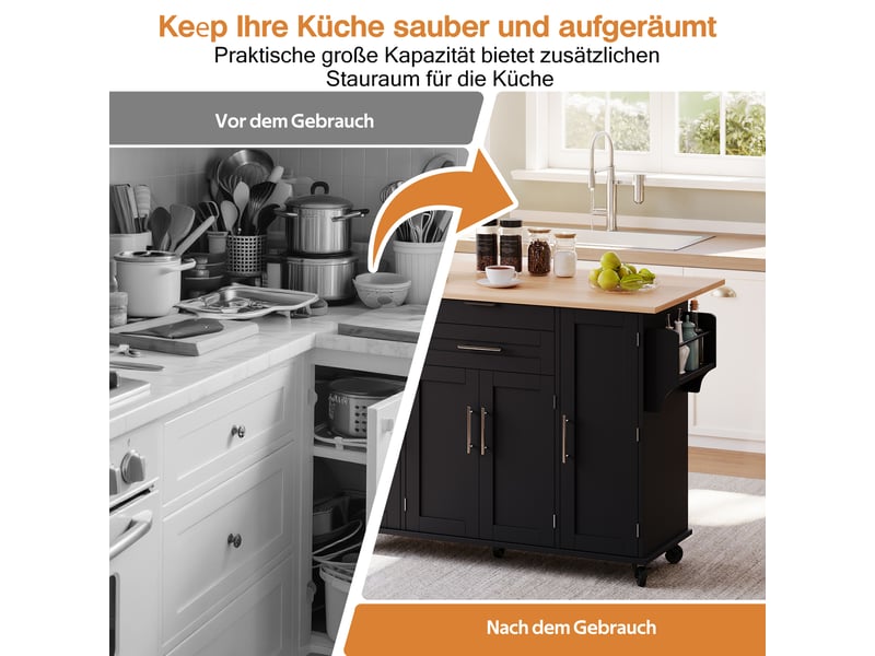  Îlot de cuisine mobile - 120×45 cm - extensible jusqu'à 70 cm - tiroir à couverts caché - étagères réglables 136x70x92cm - Conforama D