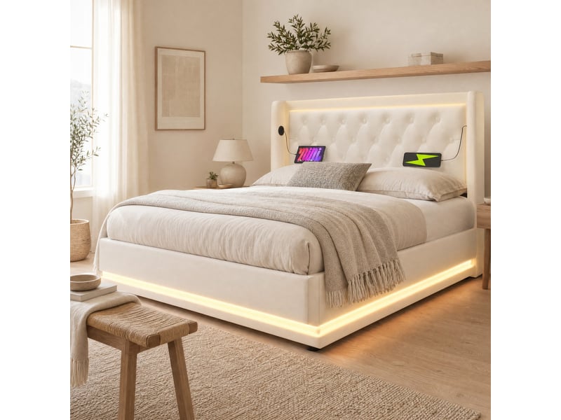  Lit coffre 160x200 cm blanc en pu avec led 3 côtés, usb type-c, tête capitonnée  - Conforama B