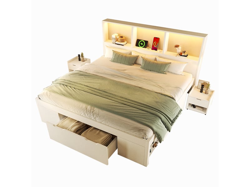  Lit double 140x190 cm avec éclairage led et port usb-c, blanc, lit coffre avec tiroirs et étagères et table de chevet amovible  - Conforama D