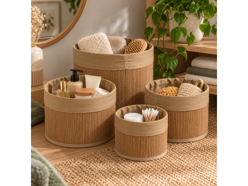  Lot de 4 paniers de rangement ronds en bambou tressé et tissu marron,corbeilles multi-usages décoratives  - Conforama B