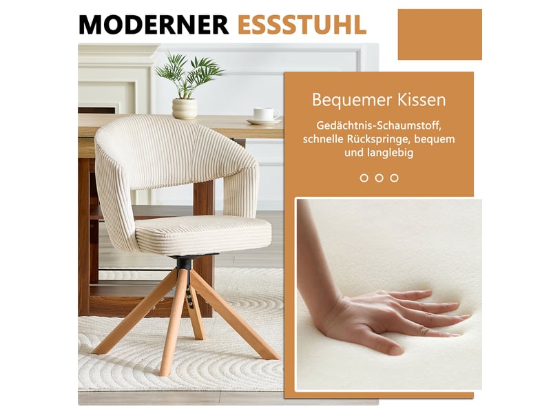  Lot de 2 chaises de salle à manger pivotantes,47x47,5x81,5 cm,velours côtelé,crème  - Conforama D
