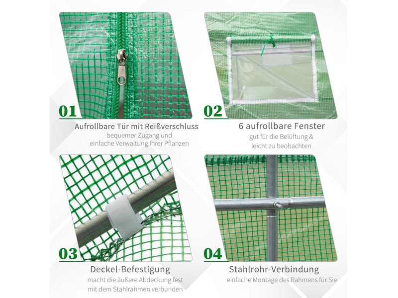 Serre tunnel 445x190x200 cm avec fenêtres métal vert - Conforama E