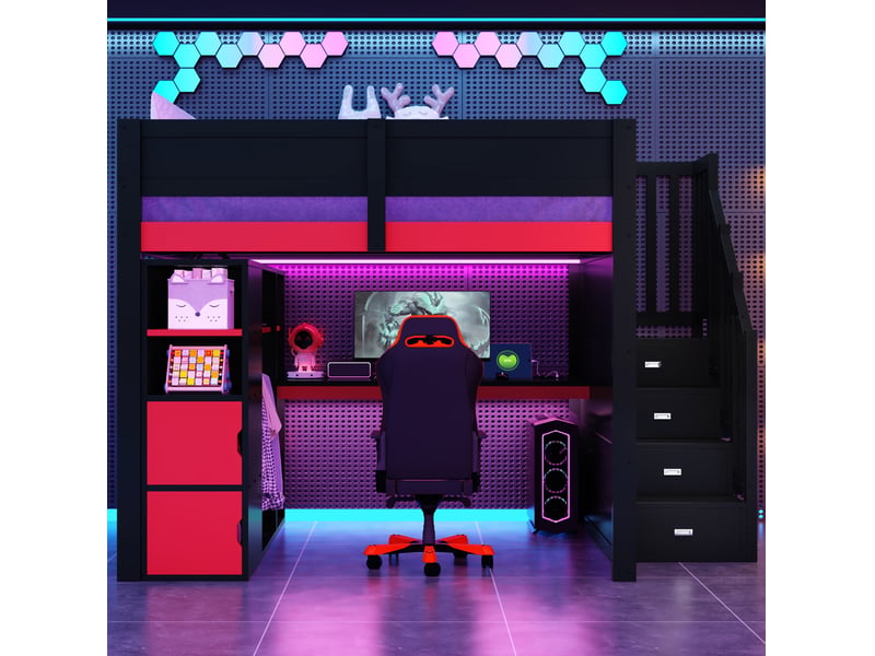  Modenvie lit mezzanine 140x200 cm - avec bureau, led et rangements, sommier inclus - noir  - Conforama E