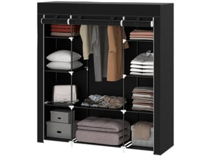 Armoire en tissu avec penderie, 10 étagères ouvertes, housse zippée et structure en acier, 150 x 43 x 162,5 cm, noire