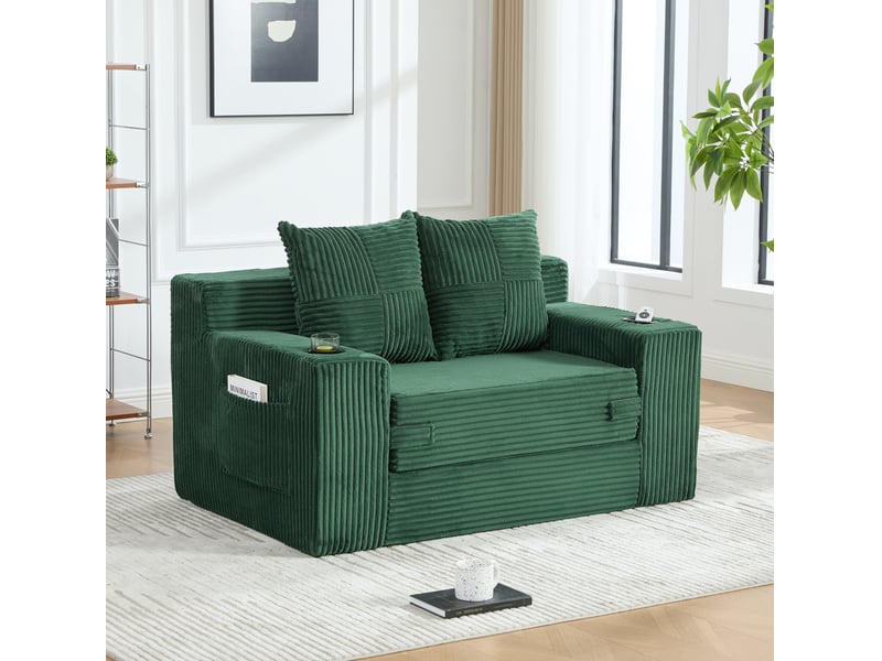  Canapé droit convertible 2 places en velours côtelé vert émeraude avec pouf, rangements et porte-gobelet  - Conforama D