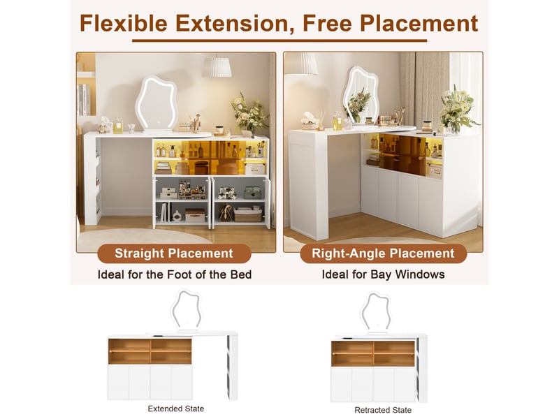  Coiffeuse pivotante 177 cm avec miroir led - bureau modulable en l, grand rangement à étagères et placards éclairés - blanc  - Conforama D