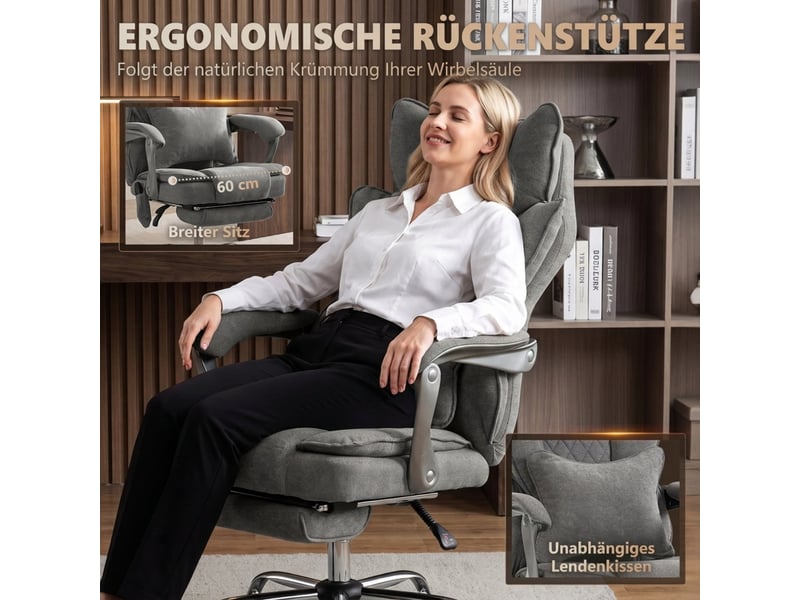 Fauteuil de bureau massant gris, assise large, inclinable à 135 degrés, soutien lombaire, pour travailler et se détendre - Conforama D