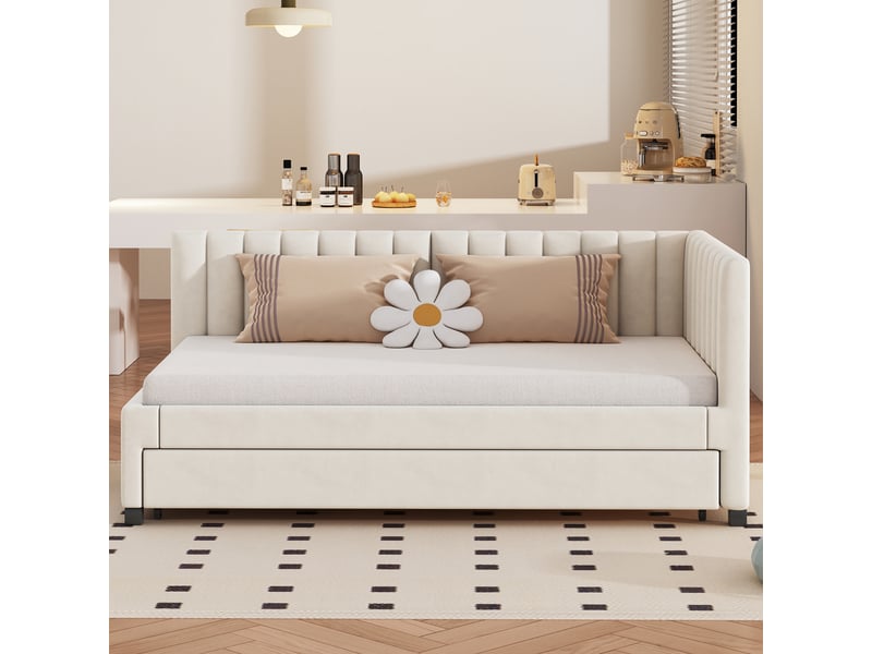  Lit convertible en velours beige 90x200 cm  - Conforama D