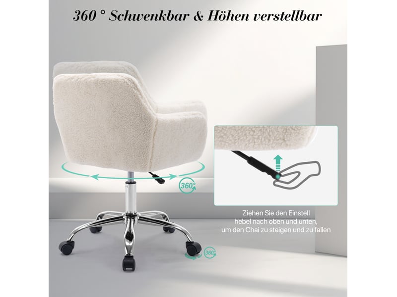  Chaise de bureau pivotante réglable en hauteur avec accoudoirs et roulettes en fausse fourrure blanche  - Conforama D