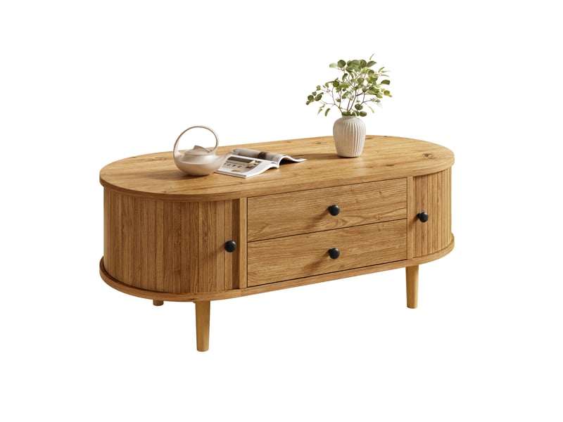 Table salon rangement basse compacte 100 cm 50 cm mdf chene portes coulissantes homvra  - Conforama A