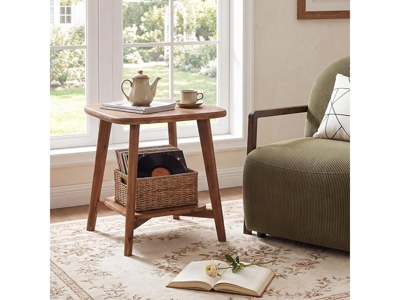 Bout de canapé en bois massif à coins arrondis, table d'appoint carrée style ferme avec rangement, petite table de chevet à deux niveaux pour salon et chambre - Conforama D