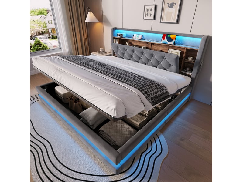  Lit coffre tcqpz 180 x 200 cm led usb type-c velours gris foncé  - Conforama B