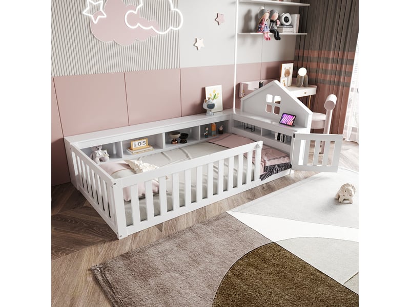  Lit enfant avec rangement 90x200 cm, barrière de sécurité, bois massif blanc, avec sommier  - Conforama B