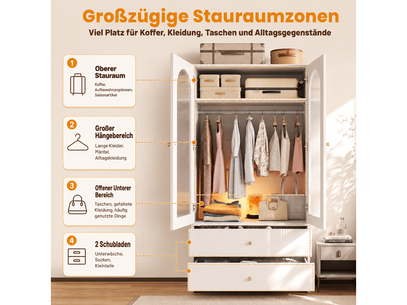  Armoire blanche 2 portes en verre strié avec 2 tiroirs et penderie 90x50x200 cm  - Conforama D